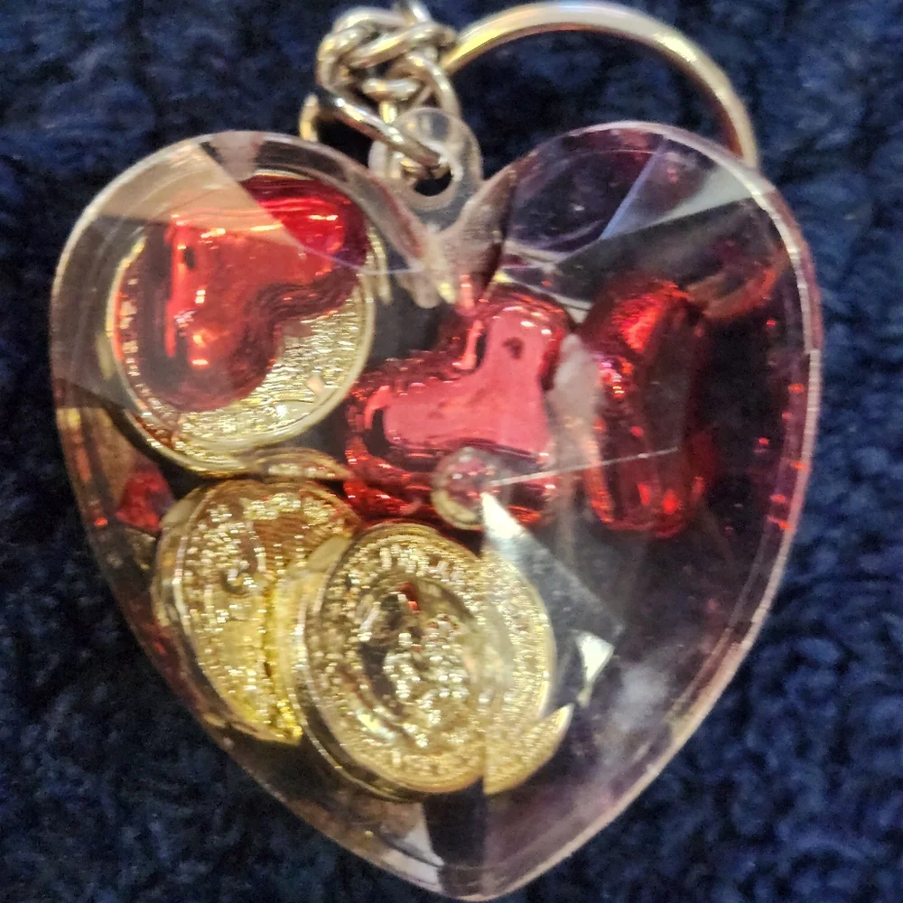 Vintage Heart Shaker Keychain with Red Hearts and Gold Coins